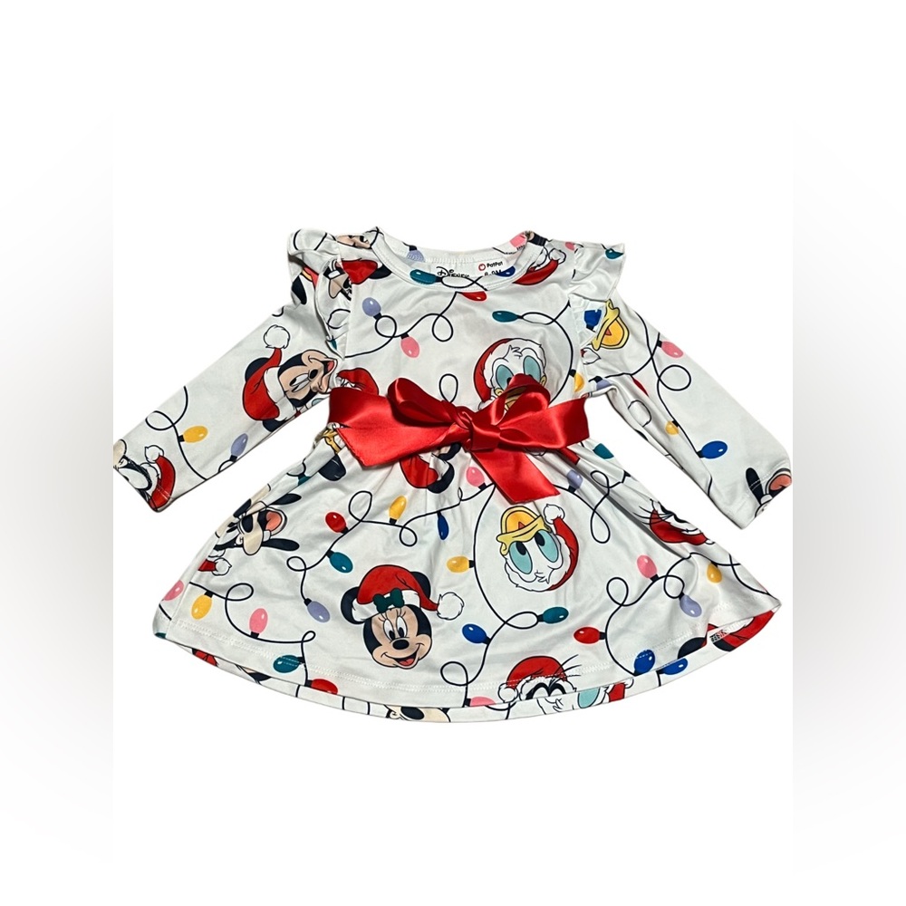 Disney Christmas Dress with Adjustable Red Waist Ribbon - Baby